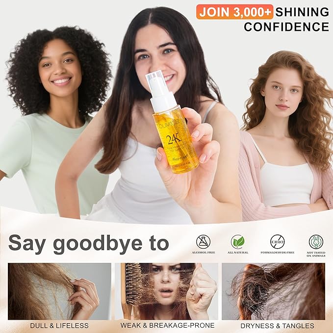 24K Gold Hair Oil, Repair Shine Serum with Coconut, Argan & Olive Oils - Heat Protectant and Frizz Control - Vegan, Lightweight Leave-In Treatment for Dry Damaged Hair (2.02 Fl Oz (Pack of 1))