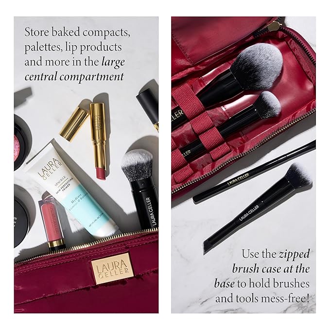 LAURA GELLER NEW YORK Quilted Makeup Bag with Brush Case, Burgundy - Toiletry Bag Organizer for Travel - Large Capacity Full Size Makeup Bag - Easy to Clean