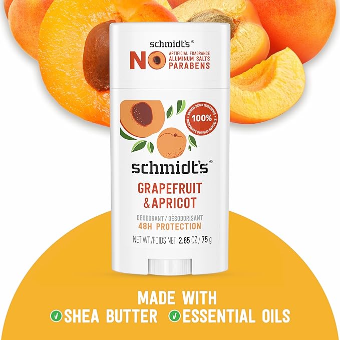 Schmidt's Aluminum-Free Vegan Deodorant Grapefruit & Apricot with 24-Hour Odor Protection, 2 Count for Women and Men, Natural Ingredients, Cruelty-Free 2.65 oz