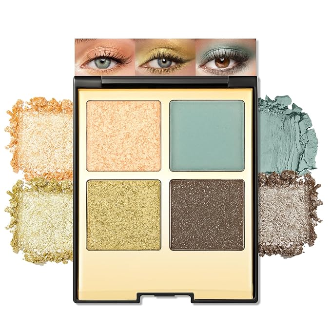 Erinde 4 Colors Eyeshadow Palette Eye Shadow Makeup, Matte Shimmer Metallic Gold Blue Green Dark Brown Nude Neutral Eyeshadow, Long Wearing, Pigmented Blendable, Quad Eye Shadow Palette, 05