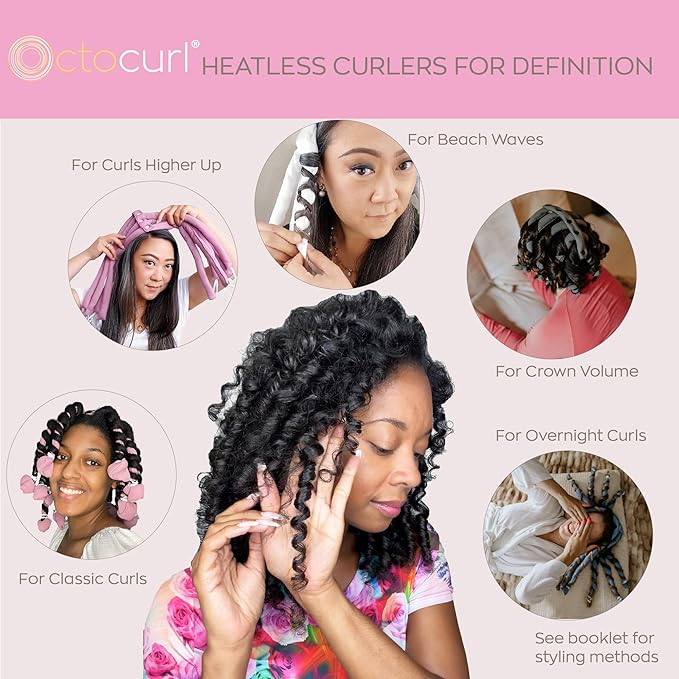 Octocurl Heatless Hair Curler - No Headband Octopus Curler - Overnight Curls for Long Hair (Satin - Pink)