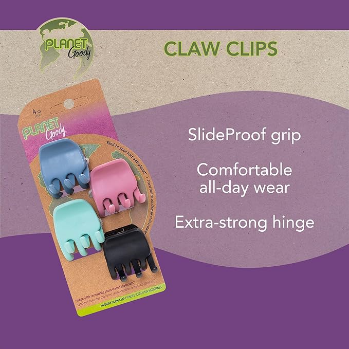 Planet Goody Plant-Based Heritage Claw Clips, Medium, Extra Strong, Bright Colors, Pink, Periwinkle, Green, And Black, 4 Count