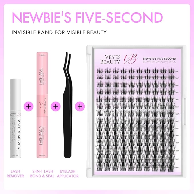 VEYESBEAUTY Lash Clusters Kit Eyelash Extensions Thin & Invisible Band DIY Individual False Eyelashes Newbie's Five-Second Series Wispy Lash Tray for Self-application, Manga Lash 8-18mm Mixed Length