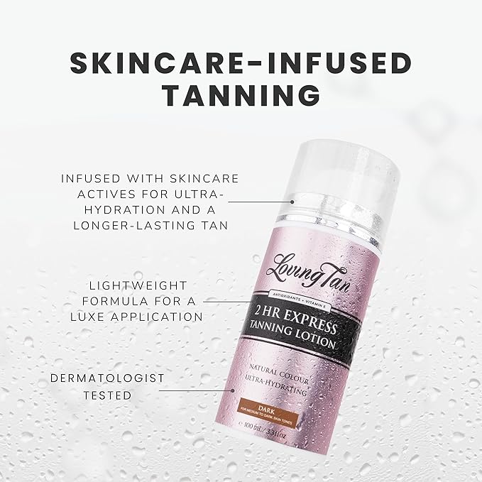 Loving Tan NEW 2 Hr Express Self Tanning Body Lotion, Dark - Hydrating Natural-Looking Glow Sunless Self Tanner, Streak-Free, Dermatologist Tested, Lightweight, Vegan and Cruelty-Free - 3.3 fl oz