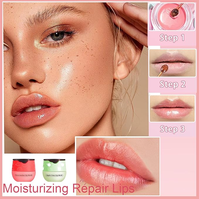 2 PCS Bee Lip Balm Honey Pot, Watermelon Apple Bee Lip Balm Sleeping Lip Mask Overnight with Sticks, Honey Pot Lip Balm Hydrating Exfoliating Prevention Dry and Crack Lip Scrubs