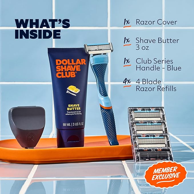 Dollar Shave Club | The Member Exclusive Shave Set | 4 Swift Rinse Refill Cartridges, 1 Handle (Blue), 1 Shave Butter 3 ounce, 1 Razor Cover