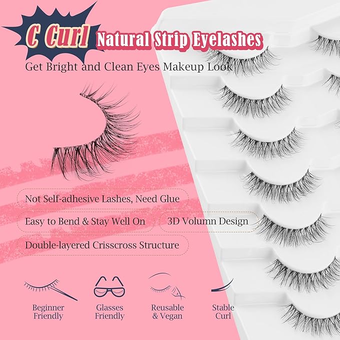 Natural Lashes False Eyelashes 12 MM Short Lashes WIspy 3D Volume Fake Eyelashes Pack C Curl Soft Eye Lash with Thin Cotton Band 7 Pair False Lashes Siligli
