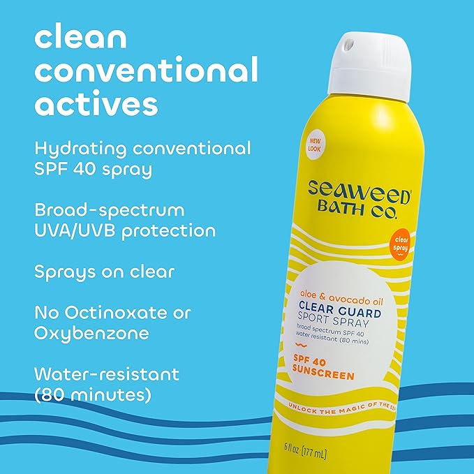 Seaweed Bath Co. Clear Guard SPF 40 Sport Broad Spectrum Sunscreen Spray, 6 Ounce, Sustainably Harvested Seaweed, Aloe, Avocado Oil