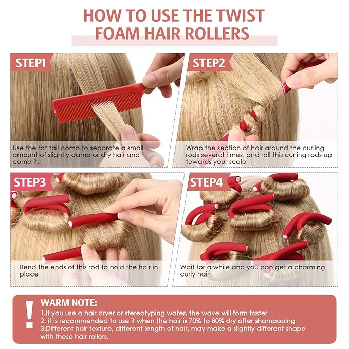 Syhood 30 Pcs 7'' Flexible Curling Rods Twist Foam Hair Rollers Soft Foam No Heat Hair Rods Rollers and 1 Steel Pintail Comb Rat Tail Comb for Women Long Short Hair(Red,7 x 0.3 Inch)