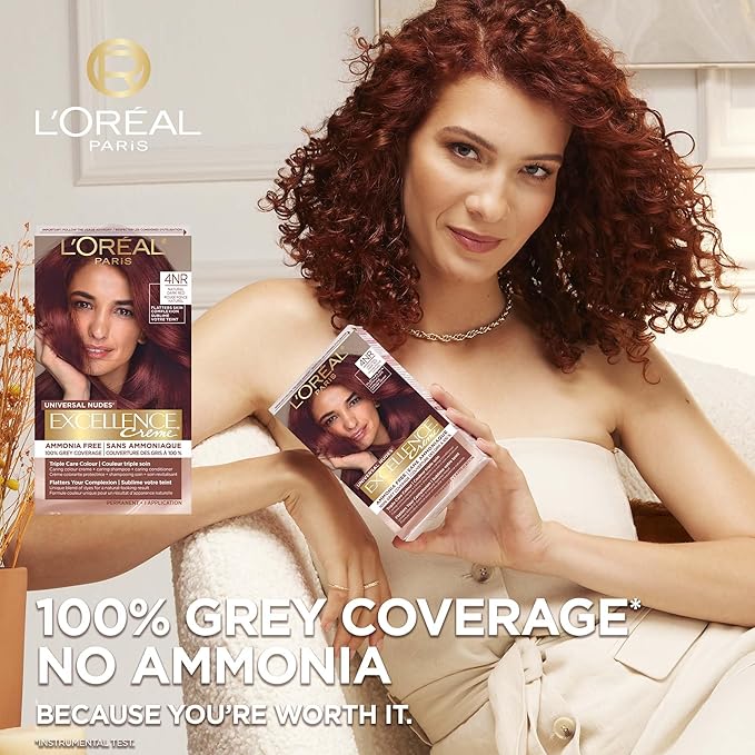 L’Oreal Paris Excellence Universal Nudes Permanent Hair Color, Ammonia Free Hair Dye for Gray Hair Coverage, 4NR Natural Dark Red, 1 Hair Dye Kit