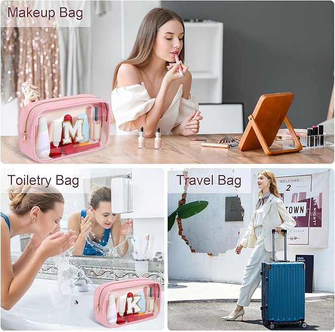YOOLIFE Birthday Gifts | Initial Travel Essentials Makeup Bag, Clear Toiletry Bag Pouch Cosmetic Bag Case Large Makeup Bag Personalized Pink Birthday Gifts for Women Teacher Mom Teen Friends J