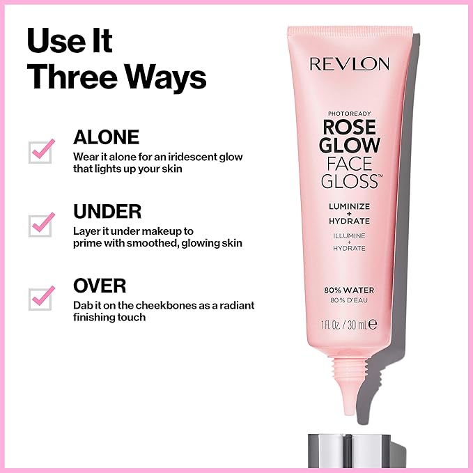 Revlon Face Primer, PhotoReady Face Gloss Rose Glow, Face Makeup for All Skin Types, Hydrates, Illuminates & Moisturizes, Infused with Glycerin & Olive Oil Extract, 80% Water, 1 Fl Oz