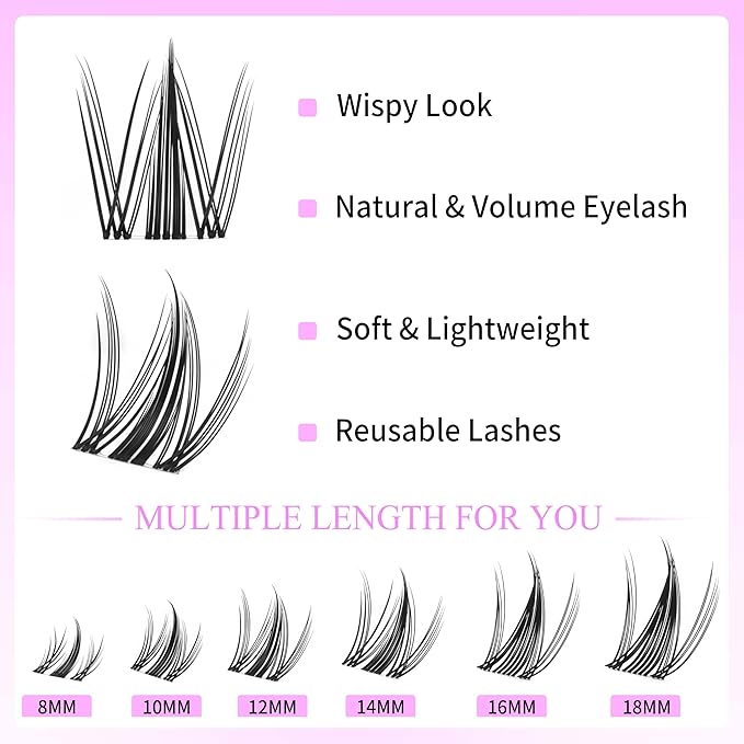 VEYESBEAUTY Lash Clusters Eyelash Extensions Thin & Invisible Band DIY Individual False Eyelashes Newbie's Five-Second Series Wispy Lash Tray for Self-application, Manga Lashes 8-18mm Mixed Length
