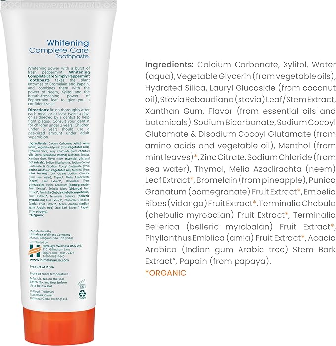 Himalaya Botanique Complete Care Whitening Toothpaste, Simply Peppermint, Fluoride Free for a Clean Mouth, Whiter Teeth and Fresh Breath, 5.29 oz, 4 Pack