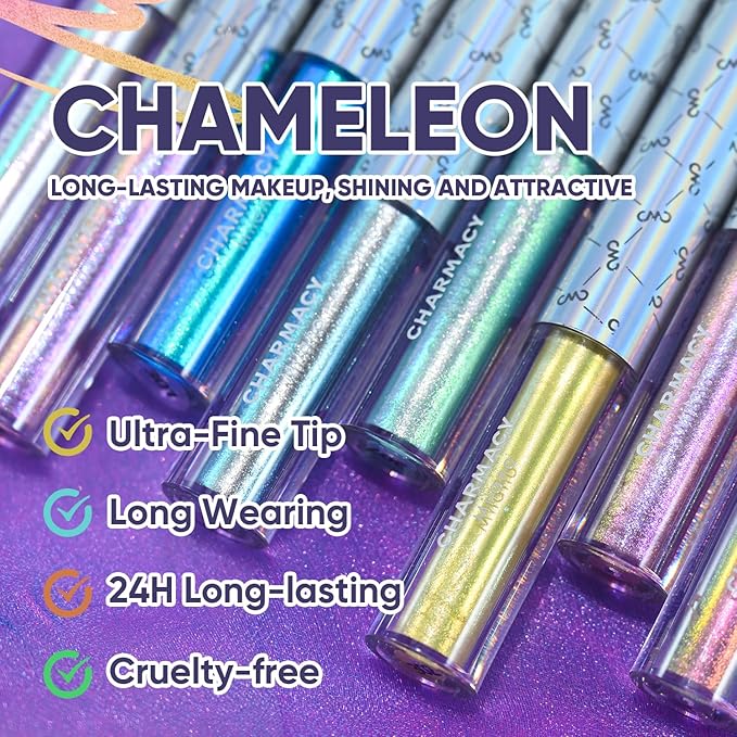 CHARMACY Chameleon Liquid Eyeliner, Liquid Glitter Eyeliner, Highly Pigmented, Metallic MultiColor Shifting waterproof Eyeliner, Ultra-Fine Tip, Longwearing, Smudge-proof (#304)