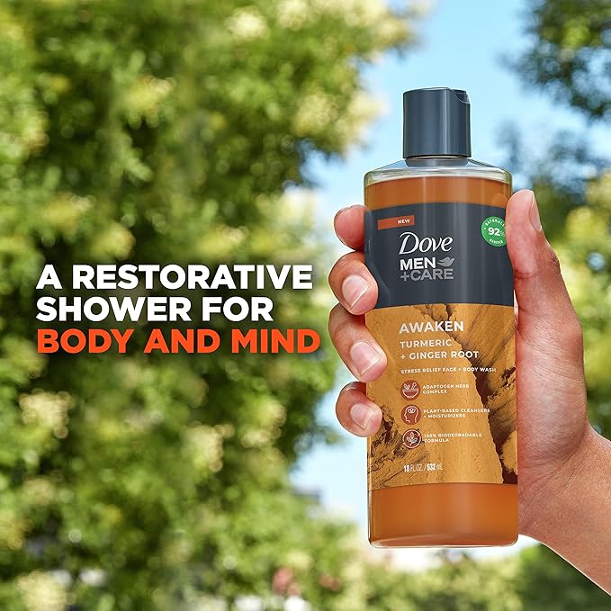 DOVE MEN + CARE Face + Body Wash For Men Awaken Turmeric + Ginger Root 18 oz 4 Count