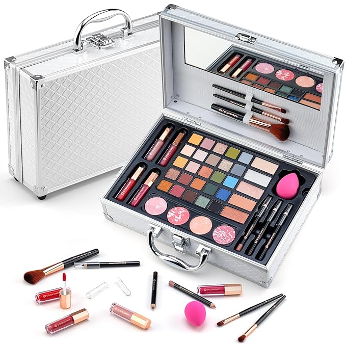 Makeup Kit for Women,All in One Makeup Gift Set for Girls in Cosmetic Train Case (White) With Mirror,Full Starter Cosmetic Kit Includes Eyeshadow Palette,Lipgloss,Blushes