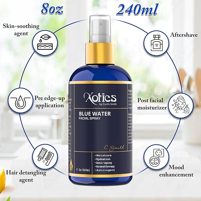 Xotics Blue Water Facial Spray - 8oz - Hydrating Face Mist with Aloe Vera - Refreshing Toner for Men & Women, Aftershave, Daily Moisturizing Splash for All Skin Types