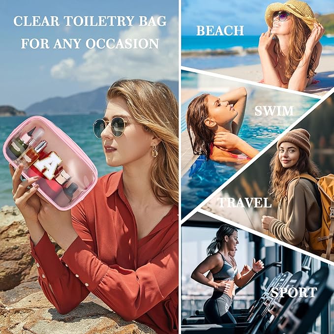 YOOLIFE Initial Travel Essentials Makeup Bag, Make Up Bag Skin Care Clear Toiletry Bag Pouch Cosmetic Bag Case Large Makeup Bag Personalized Pink Birthday Gifts for Women Teacher Mom Teen Friends V