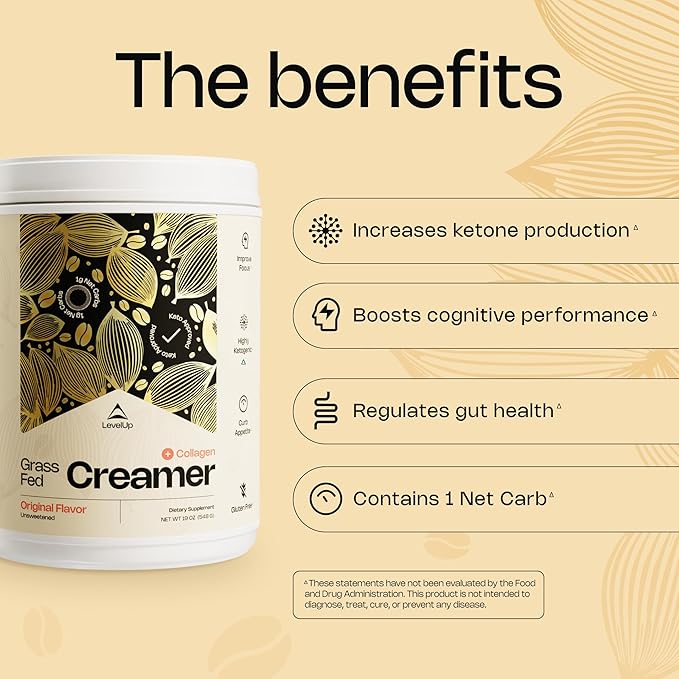 LevelUp Creamer, with Energizing MCT Oil and Collagen Peptides, Keto Coffee Creamer, Supports Natural Energy & Ketone Production - Original (Unsweetened) 19 oz
