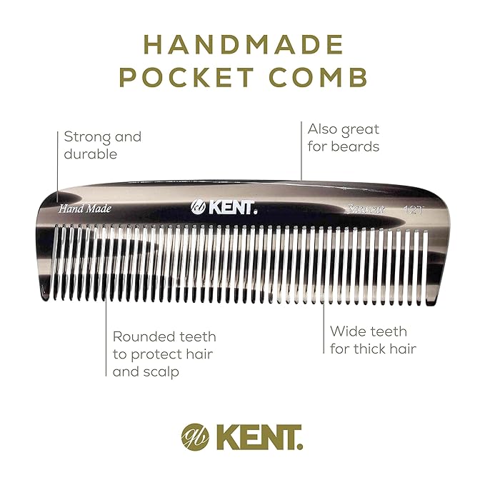 Kent 12T Graphite Wide Tooth Detangling Comb - 5.5" Handmade Pocket Comb for Thick, Curly, and Wavy Hair, Large Tooth Grooming Combs for Hair, Beard, and Mustache - Saw-Cut and Hand Polished