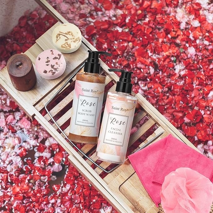 Spa Gifts for Women，10pcs Self Care Kit ROSE Scented with Facial Cleanser, Scrub Body Wash, Facial Clay Mask, Facial, Essential Oil, Birthday Gifts Skin Care Set, Mothers Day Gifts Ideas