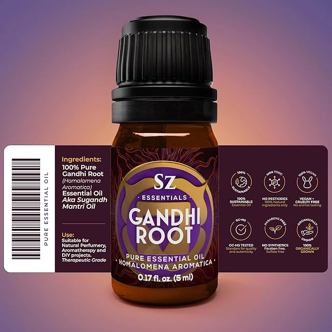 Gandhi Root Essential Oil, 100% Pure Sugandh Mantri Oil, Steam Distilled from Homalomena Aromatica - Sweet & Woody Scent w/Earthy Overtones - Therapeutic Grade & Vegan - 0.17oz (5ml)