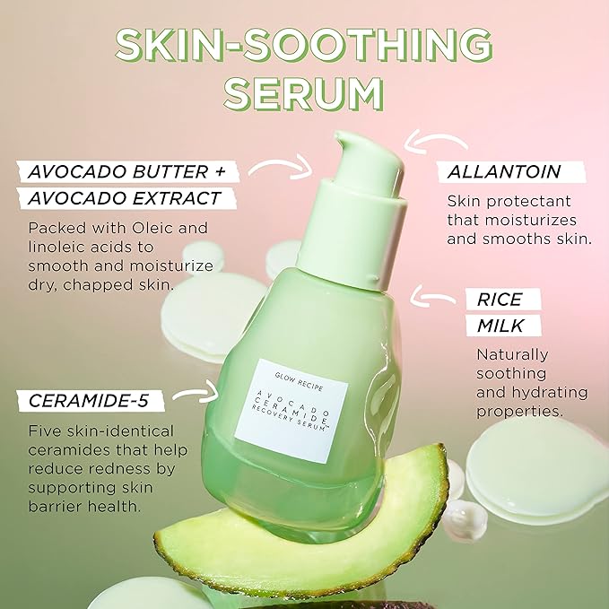 Glow Recipe Avocado Ceramide Serum, Travel Size - Soothing, Hydrating Face Serum for Women & Men, Redness Relief & Skin Barrier Repair - Lightweight Korean Skincare for Dry, Sensitive Skin (15 ml)