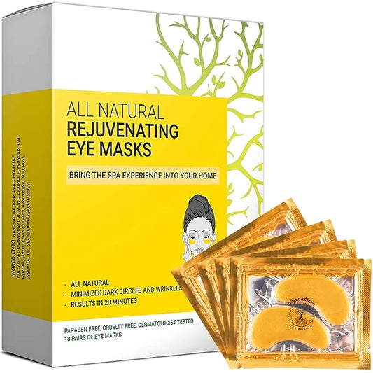 Under Eye Patches & Masks (18 Pairs) - All Natural Anti Aging Treatment for Bags, Puffiness, Wrinkles, & Dark Circles - 24K Gold, Collagen, Hyaluronic Acid, Hydrogel - Formulated in San Francisco