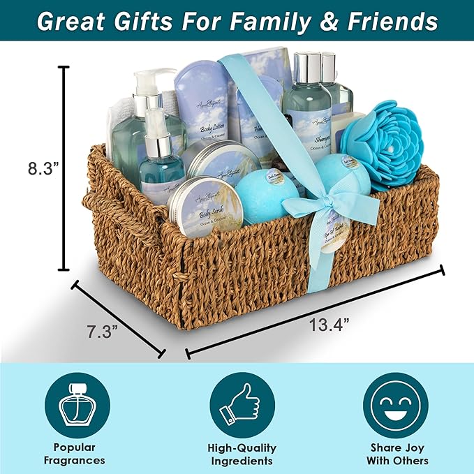 Bath Spa Gift Sets - Luxury Basket With Ocean & Coconut - Spa Kit Includes Wash, Bubble Bath, Lotion, Bath Salts, Body Scrub, Shower Puff, Bathbombs, Soap and Towel