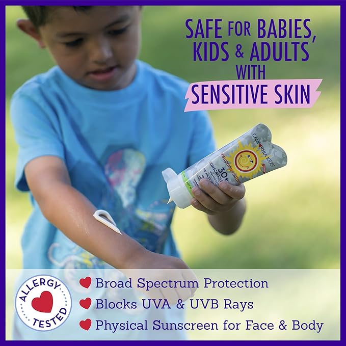 California Kids Super Sensitive SPF 30+ Sunscreen Lotion | Broad Spectrum | Titanium Dioxide | Unscented Hypoallergenic Mineral Sunscreen | Kids Sunscreen With Tint | 82 g / 2.9 oz.