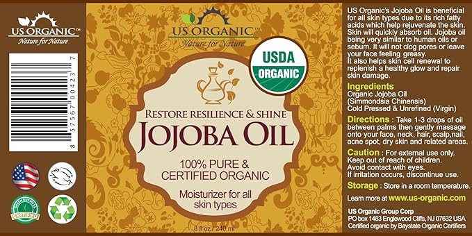 US Organic Jojoba Oil, USDA Certified Organic,100% Pure & Natural, Cold Pressed Virgin, Unrefined, Haxane Free, Sourced from Middle East directly (Large (8oz, 240ml))