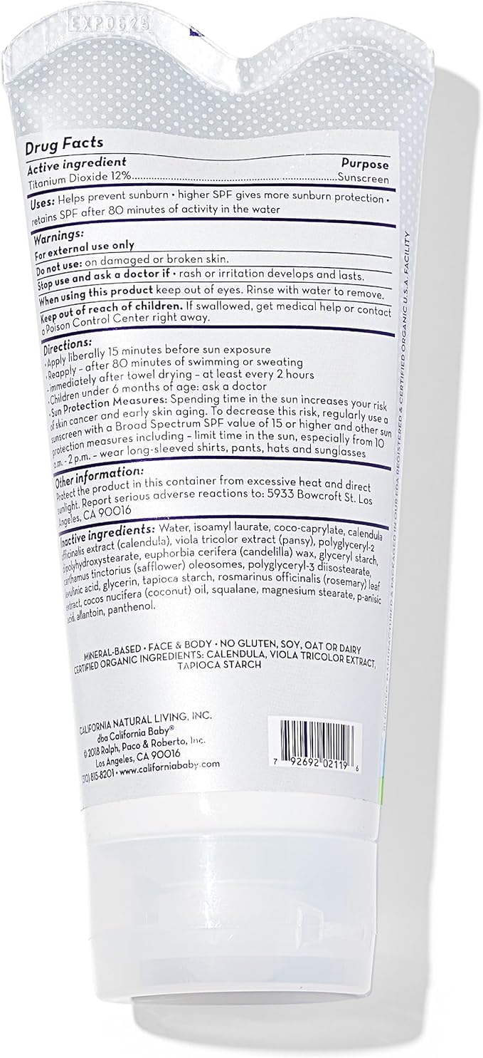 California Baby Super Sensitive SPF 30+ Sunscreen | Broad Spectrum | Titanium Dioxide | Hypoallergenic Unscented Mineral Sunscreen | Reef Safe Sunscreen | Sensitive Skin Friendly | 82g / 2.9oz