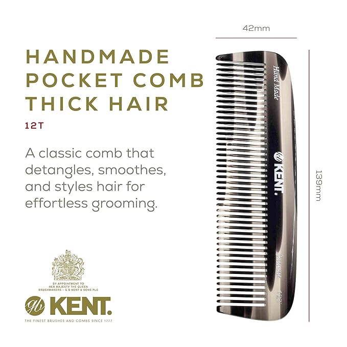 Kent 12T G Wide Tooth Detangling Comb - Handmade Pocket Comb for Thick, Curly, Wavy Hair - Large Tooth Hair and Beard Grooming Comb - Saw-Cut and Hand Polished