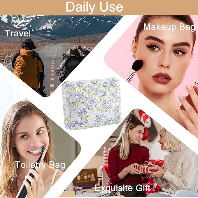 Makeup Bag Travel Cosmetic Bag for Women Girls, Zipper Make Up Pouch, Floral Flowers Toiletry Organizer Makeup, Portable Storage Bag, Cosmetic Travel Cloth Bag (L/Large Blue Flowers)