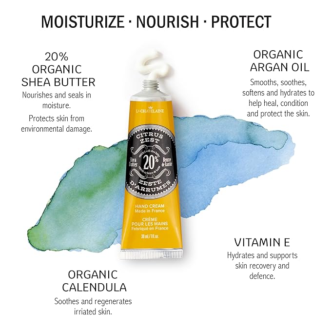 La Chatelaine 20% Shea Butter Hand Cream Travel Size, Men, Unisex, Organic Argan Oil, Moisturizing, Nourishing, Extra-Rich Hand Lotion, Made in France, Paraben Free, 1 oz / 30ml (Citrus Zest)