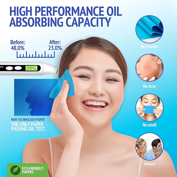Oil Blotting Sheets for Face - Portable 1x50 Blue Oil Wipes Sheets for Face - Japanese High Performance Technology Makeup Blotting Paper -Grain Free Softer Oil Pads Absorbing Face Oil Tissues for Face
