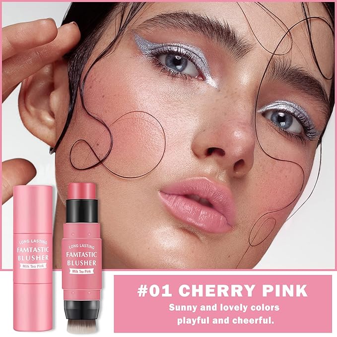Cream Blush Stick with Brush,Waterproof Blush Makeup,Long Lasting 3 In 1 Cheek Blush & Lip Tint & Eye Shadow Makeup Stick,Easy To Use Blends Effortlessly,Cream Blush Makeup for All Skin Tones - Cherry Pink