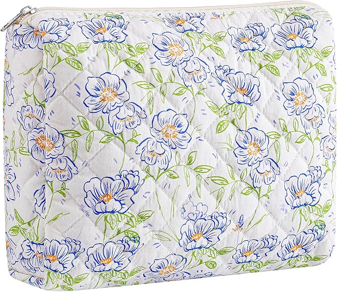 Makeup Bag Travel Cosmetic Bag for Women Girls, Zipper Make Up Pouch, Floral Flowers Toiletry Organizer Makeup, Portable Storage Bag, Cosmetic Travel Cloth Bag (L/Large Blue Flowers)