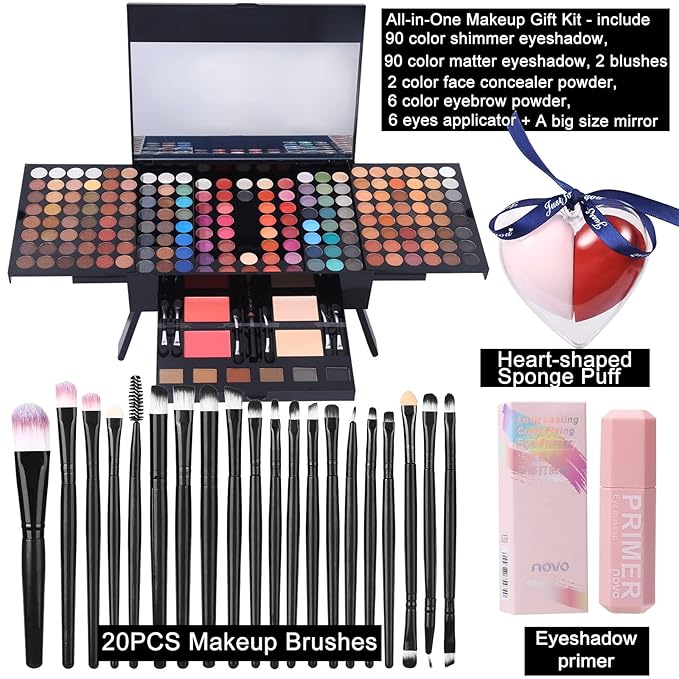 Makeup Gift Sets For Women - 190 Colors Makeup Palette Include Eyeshadow, Blushes, Eyebrow Powder,Eye Pencil,Mirror+20Pcs Makeup Brushes+Eyeshadow Primer+2Pcs Sponge Puff Make Up Set (Makeup Set A)