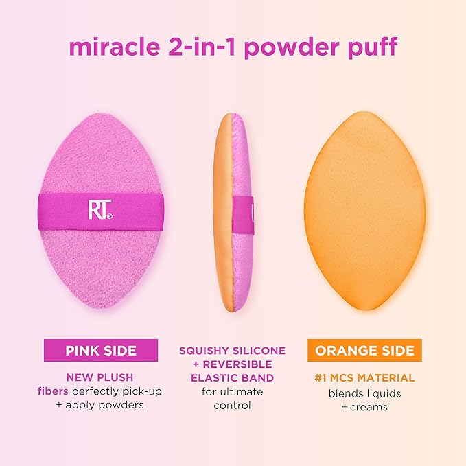 Real Techniques Miracle 2-In-1 Powder Puff 2 Pack, Dual-Sided, Full Size Makeup Blending Puff, Reversible Elastic Band, Makeup Sponge & Powder Puff, For Liquid, Cream & Powder Products, Crulety-Free