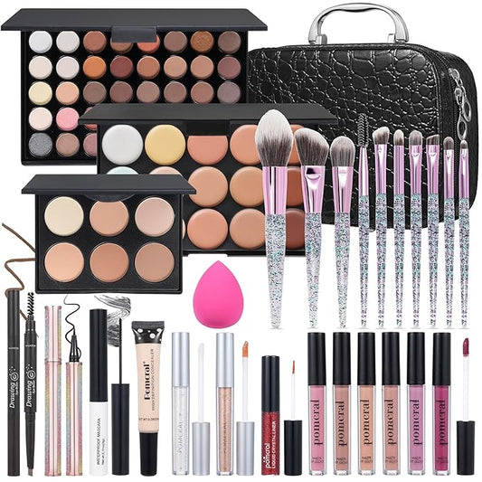 All In One Makeup Kit,Full Makeup Set For Wonmen Includes 40 Colors Eyeshadow Palette Lip Gloss Liquid Lipstick Make up Sponge Brushes Eyebrow Concealer With Makeup Bag
