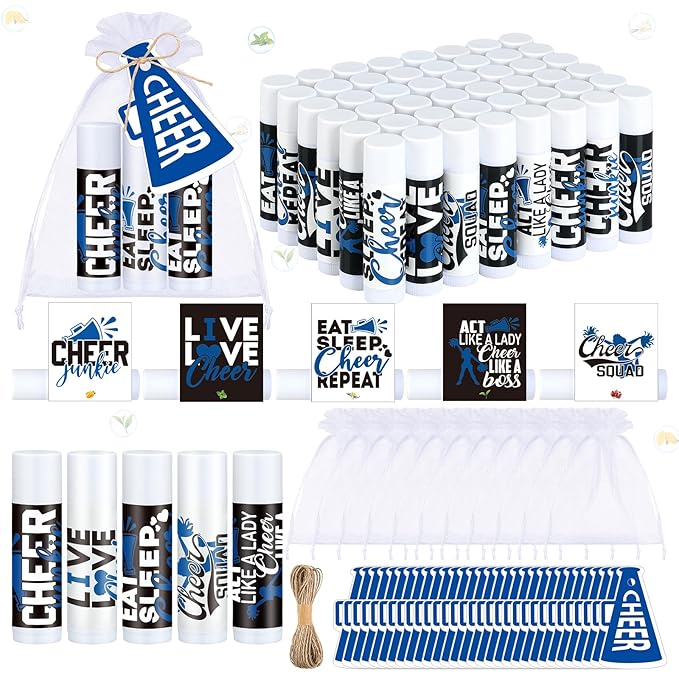 50 Sets Cheer Gifts Bulk 50 Cheer Lip Balm Bulk Moisturizing with 50 Organza Drawstring Gift Bags 50 Tags Cheerleader Gifts Cheer Gifts Bulk for Team (Blue)