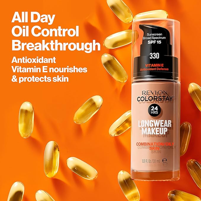 Revlon Liquid Foundation, ColorStay Face Makeup for Combination & Oily Skin, SPF 15, Medium-Full Coverage with Matte Finish, Cashew (275), 1.0 oz