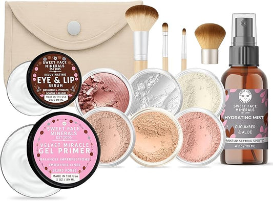 TIMELESS LOOK KIT (LIGHT TAN) Full Size Mineral Makeup Set Matte Foundation Bare Face Sheer Powder Cover
