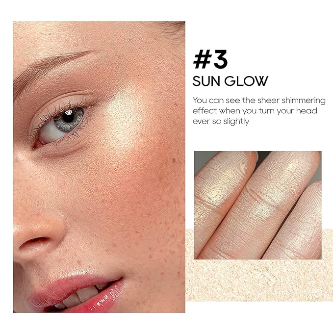 Baked Highlighter Powder Palette, Makeup Highlighter Powder Palette Sheer Shimmering Finish Face Highlighters Makeup Iluminadores de Maquillaje #03 Sun Glow