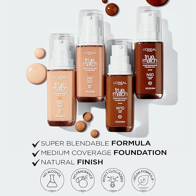 L'Oreal Paris True Match Super-Blendable Foundation, Medium Coverage Liquid Foundation Makeup, W9, Medium Deep, 1 Fl Oz