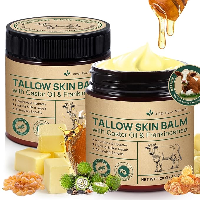 Tallow Castor Oil Frankincense Oil Handmade Skin Balm, Face & Body Moisturizer for Sensitive Skin, Eczema All-Purpose Balm, 100% Grass-Fed Tallow for Skin Care