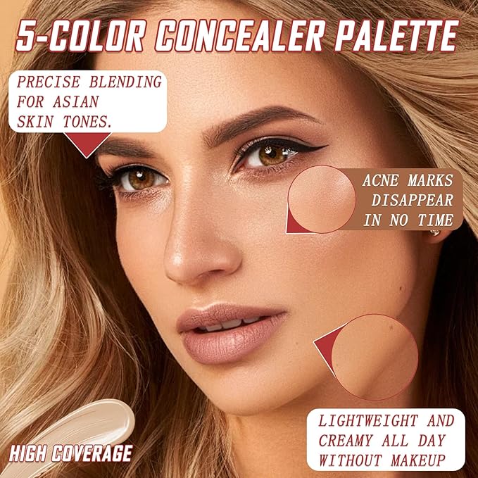 5 Colors Correcting Concealer Palette,Waterproof Long Lasting Cream Contour Palette for Women,Contouring Concealer Liquid Foundation Makeup Palette with Brush 02#