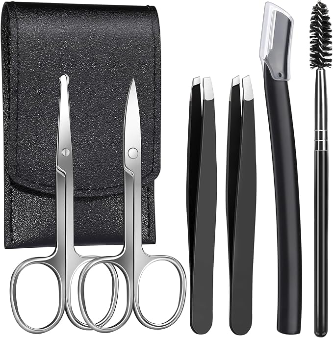 FANDAMEI Eyebrow Scissors, Eyebrow Kit, Eyebrow Tweezers for Women, Eyebrow Razor, Eyebrow Brush. Eyebrow Kit for Men with Leather Case. Eyebrow Scissors for Women Facial Hair Ingrown Hair Removal